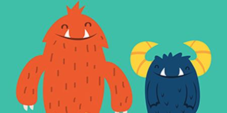 A cartoon drawing of two monsters, one orange and one blue with yellow horns.