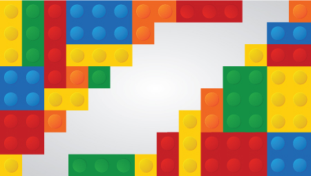 Bloques LEGO multicolores dispuestos en un patrón, similar a los bloques LEGO utilizados para LEGO Crew JR. en la Biblioteca de Provo.
