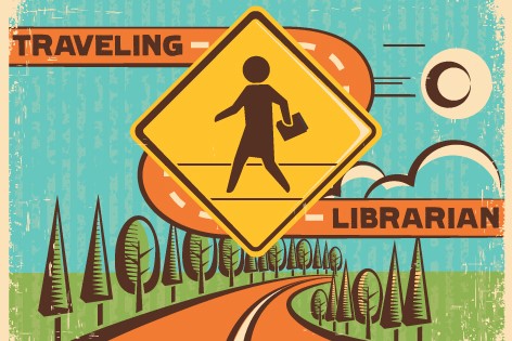 A road sign indicating the presence of Traveling Librarians from the Provo Library