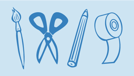 Line art of a paint brush, scissors, a pencil, and a roll of tape, which are items that can be used for Take and Make Craft Kits from the Provo Library.