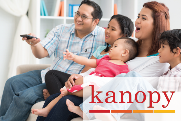 A family of Provo Library patrons using the Kanopy streaming service on their TV